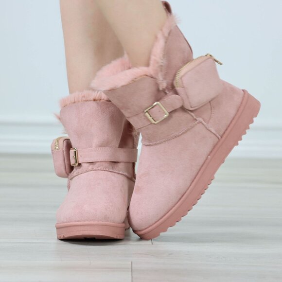 Womens Warm Fuzzy Ankle Booties Super Cozy Fully Lined Faux Pink Suede Pocket - Picture 8 of 14